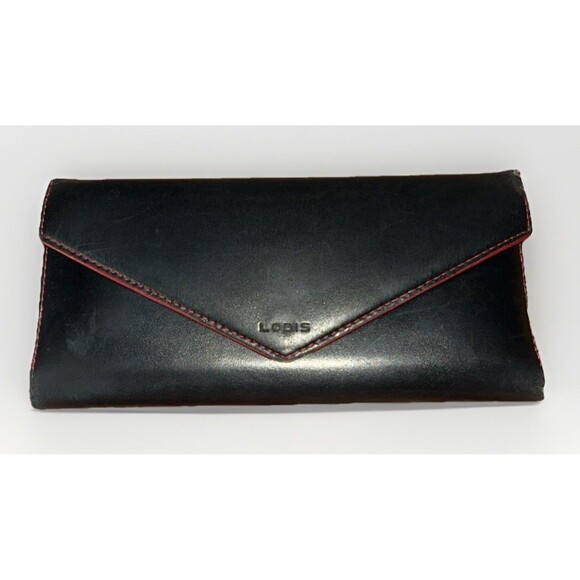 Lodis Trifold Audrey Style Clutch Wallet | Black & Red Leather | Checkbook - Picture 1 of 11